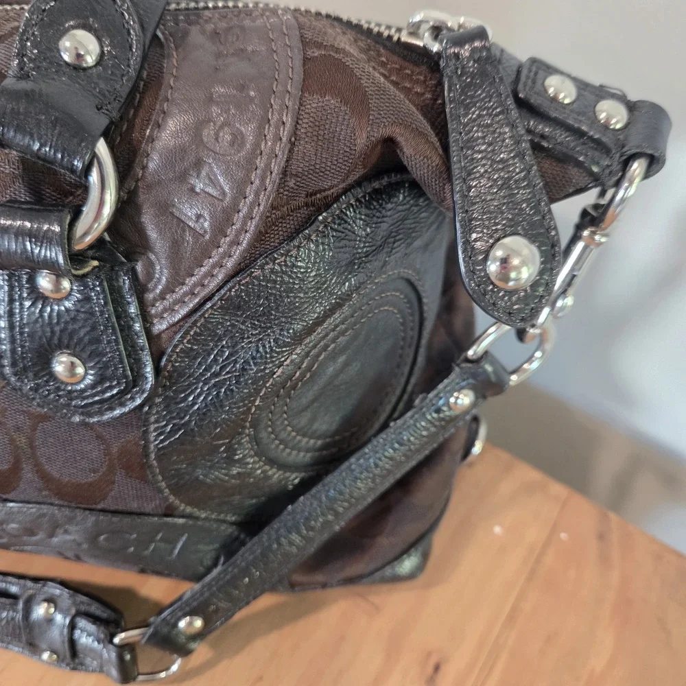 Coach Signature Patchwork Satchel Brown Jacquard Black Leather Shoulder Bag...